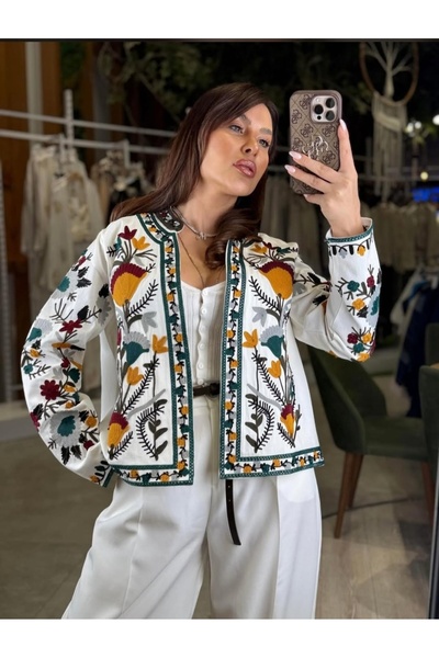 Sosyete Kaplumbağa Cotton Gabardine Süzene Embroidery Floral Patterned Long S...