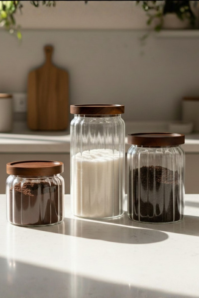 Sevinse Home Acacia Lid Triple Large Size Glass Jar Set 1500 - 1100 - 650 ml