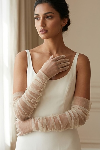 Hobigram Mănuși lungi din tul crem, cu aspect de mătase |   Design special de...