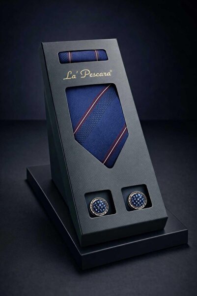 Kravatkolik Navy Blue Handkerchief Classic Tie Cufflink Men's Gift Set Os603