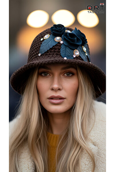 drt tasarım Leather Appliqué Floral Stone Embellished Dark Brown Velvet Hat