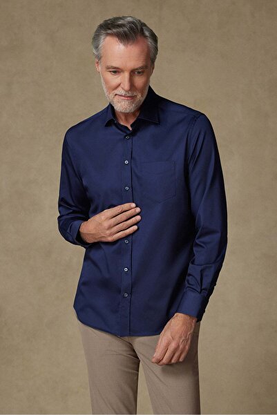 Abbate Leonardo Satin Cotton Comfort Fit Navy Blue Classic Collar Men's Plain...