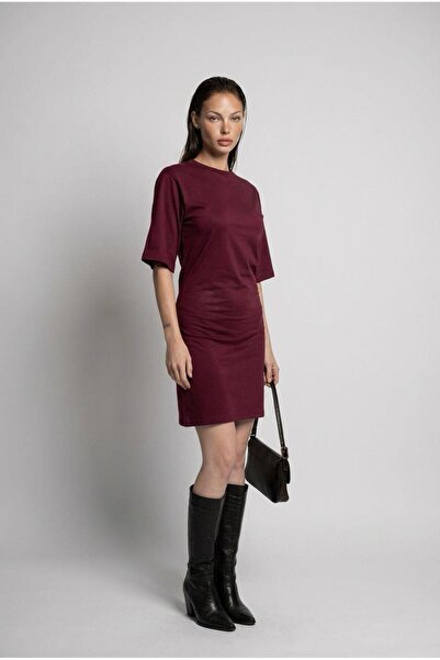 Madmext Burgundy Crew Neck Half Sleeve Women's T-Shirt Dress Mg2656
