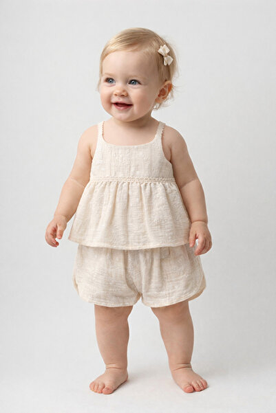 Pufiko Kids Baby Girl Beige Color Flower Double Set