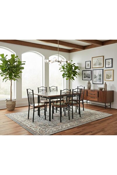 cama Brown wooden dining table set with 6 padded chairs and a sturdy metal fr...