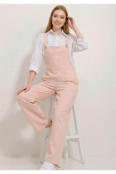 Little Visqon Kadın Geniş Paça Keten Görünümlü Bahçıvan Askılı Rahat Kesim Sa...