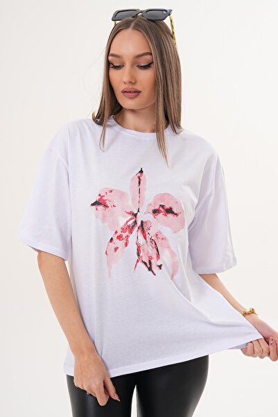 ŞİMAL Women's Print Detailed Crew Neck Oversize T-Shirt - 260061