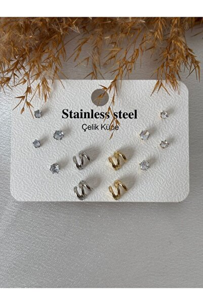 stainless steell Gold & Silver Minimal Çoklu Çelik Küpe Seti