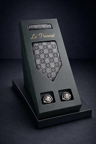 Kravatkolik Gray Handkerchief Classic Tie Cufflink Men's Gift Set Os614