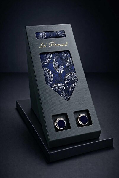 Kravatkolik Navy Blue Handkerchief Classic Tie Cufflink Men's Gift Set Os593