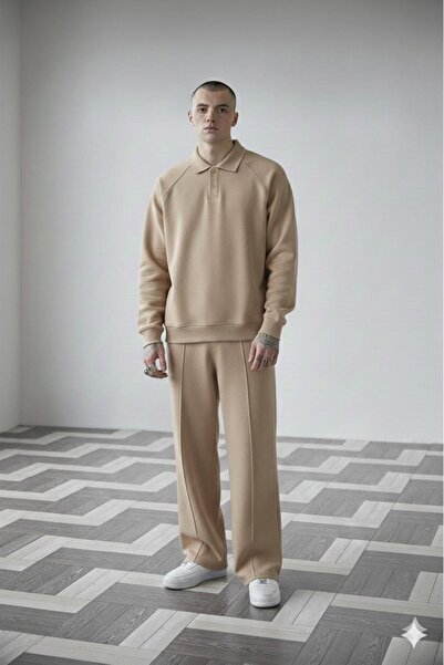 CAST COLLECTİON Men's Beige Raglan Sleeve Roberto Buttoned Sweat Wide Leg Swe...