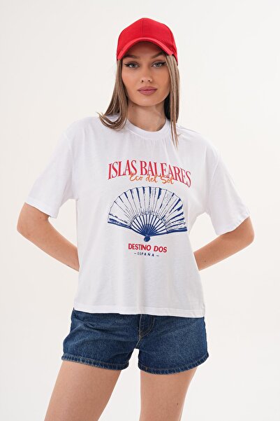 ŞİMAL Tricou oversize cu imprimeu și guler rotund pentru femei - 260148