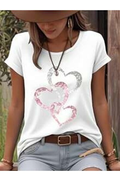 kahire تي شيرت فاخر مطبوع عليه قلب قصة فضفاضة