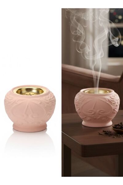 Premium مبخرة بخور سيراميك وردية اللون منقوشة ببطانة داخلية ذهبية، قطعة واحدة