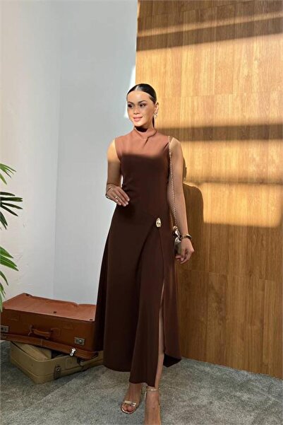 Neşeli Butik Women's Brown Thick-Strap Midi Length Slit Dress with Gold Buckl...