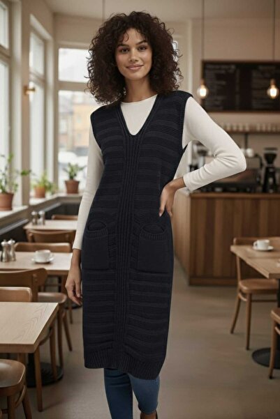 AQE FASHION Women's Knitwear Tunic Vest Navy Blue V-Neck Long Maxi Length Ove...