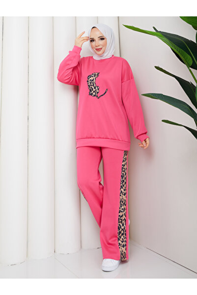 Wual giyim Leopard Printed Sweatshirt Tracksuit Set