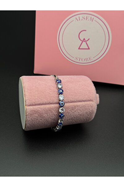 Alsem 925 Ayar Gümüş Kaplama Nazar Boncuklu Su Yolu Bileklik , Rodyum Asansör...