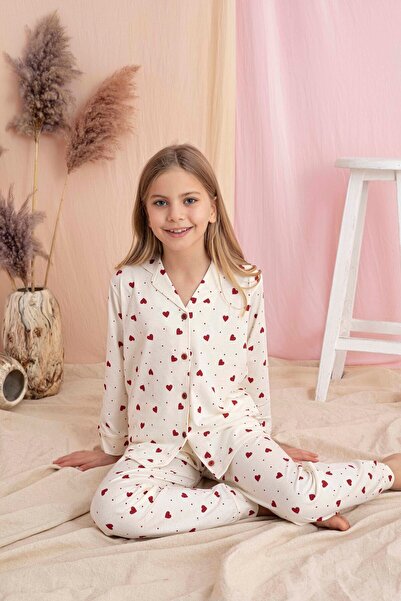 Tarık Girl's Heart Pattern Front Buttoned Long Sleeve Knitted Combed Cotton F...