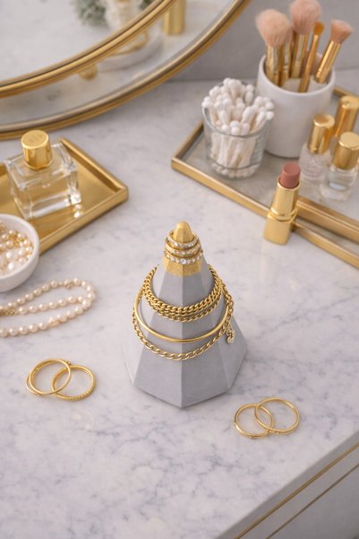 Sabletscrafts Concrete Jewelry Stand with Gold Detail – Ring & Bracelet Organizer |   Makeup Table Decor