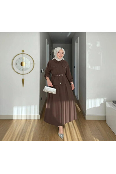 DEFNECE BUTİK Ece Snap-Closure Zippered Belted Skirt Set - Brown