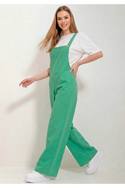 Little Visqon Kadın Geniş Paça Keten Görünümlü Bahçıvan Askılı Rahat Kesim Sa...