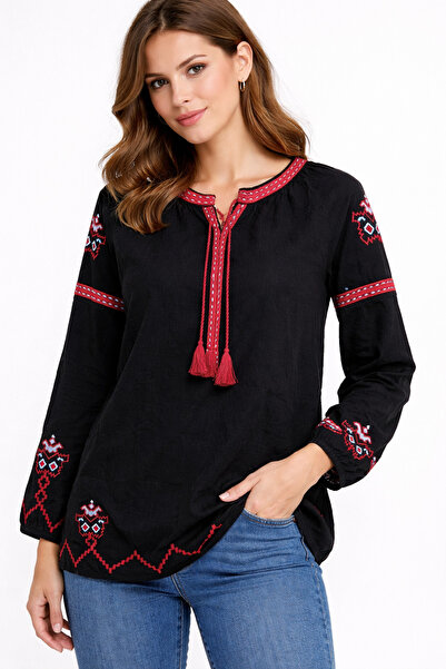 Nobrand Women's Black Blouse with Traditional Embroidery, Long Sleeves, Moder...