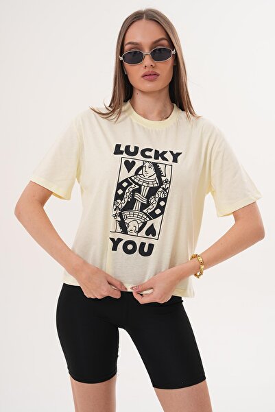 ŞİMAL Women's Printed Detailed Crew Neck Oversize T-Shirt - 260142