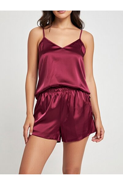 Cenlore Bordo Saten Askılı Şortlu Pijama Takımı