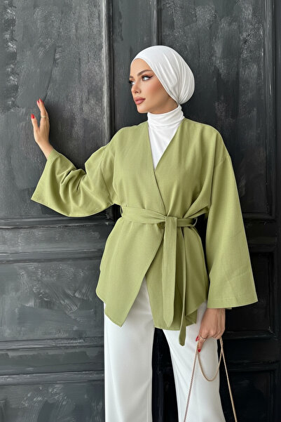 Zeneva Collection Kimono verde cu curea pentru femei 1177-TES