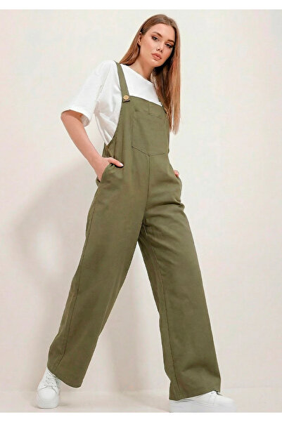 Little Visqon Kadın Geniş Paça Keten Görünümlü Bahçıvan Askılı Rahat Kesim Sa...