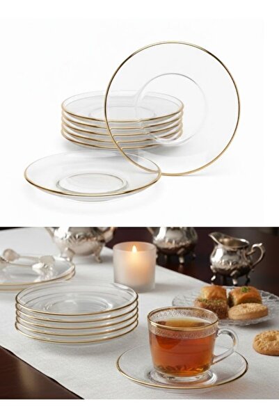 Premium طقم صحون شاي زجاجية شفافة بحواف ذهبية، 6 قطع، أطباق تقديم