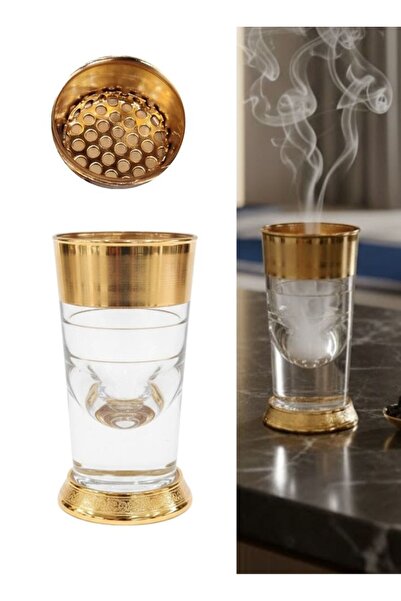 Premium مبخرة بخور زجاجية ذهبية اللون بغطاء نحاسي، قطعة واحدة