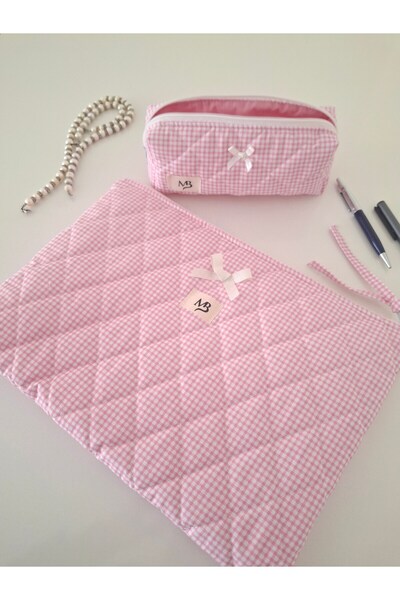 MB Pink Gingham Patterned Laptop Sleeve - Pen Holder Set - 13 - 14 Inc Compat...