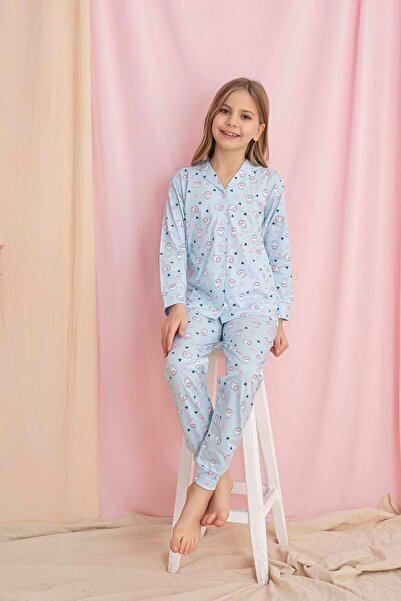Tarık Girl's Blue Rabbit Pattern Front Buttoned Long Sleeve Knitted Combed Co...