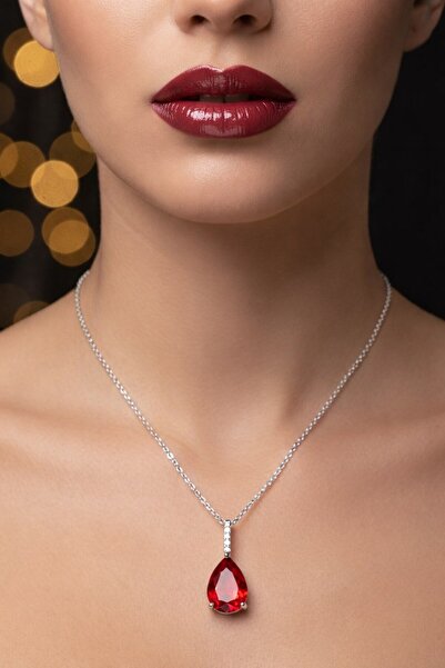 X-Lady Accessories Gümüş Renk Sıra Taşlı Bordo Damla Model Sf Zincir Çelik Ko...