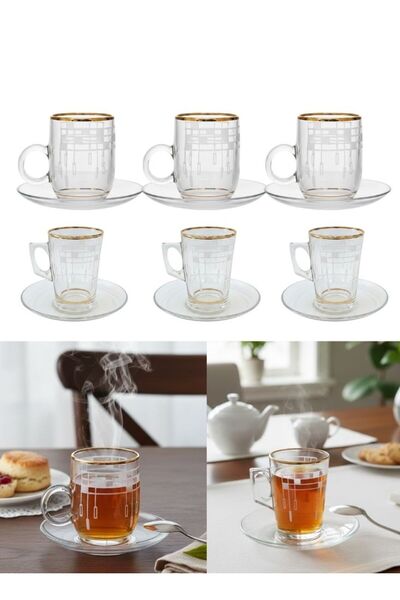 Premium Gold Rim Glass Tea Cup and Saucer Set 6 pcs