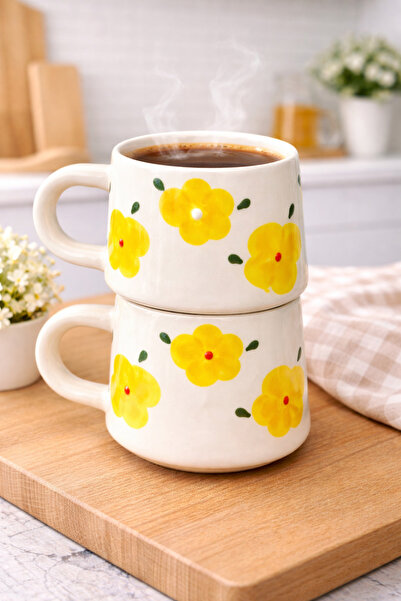 BB TRADE Handmade 2-Piece Yellow Floral Patterned Mug 200ml