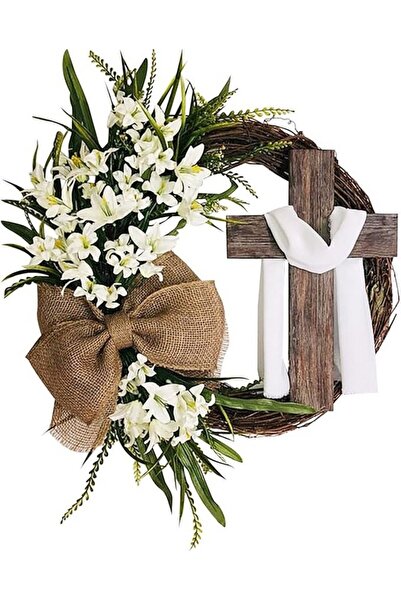 OEM Ghirlandă de Paște, cruce, crini albi din plastic, 35cm