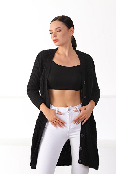 Ferraro Black Buttoned Wool Women's Knitwear Cardigan