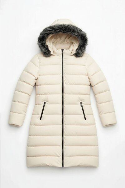 Talsmoda Women's Cream Long, Hooded Lightweight Puffer Coat – Furry, Zippered...