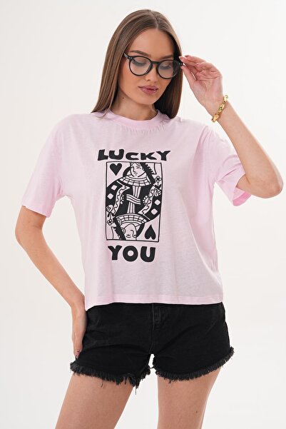 ŞİMAL Women's Printed Detailed Crew Neck Oversize T-Shirt - 260142