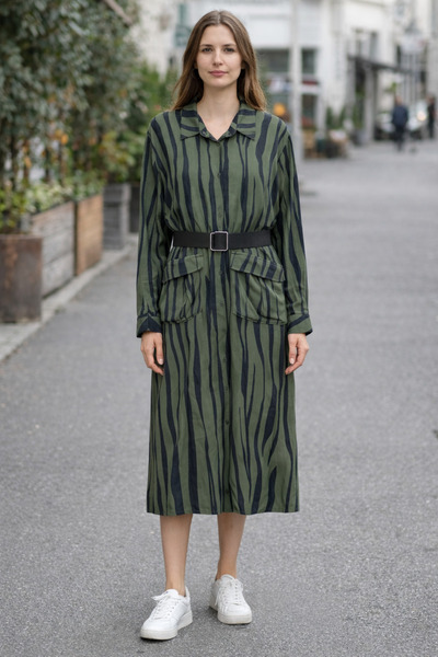 AYHAN Vertical Striped Satin Dress with External Pocket