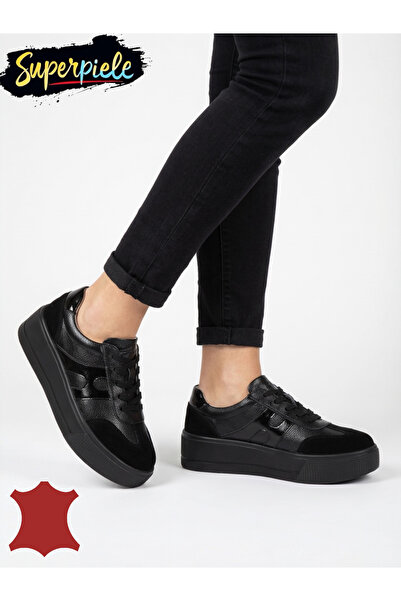 ANGEL BLUE Women's sneakers made of natural leather, with thick soles and laces