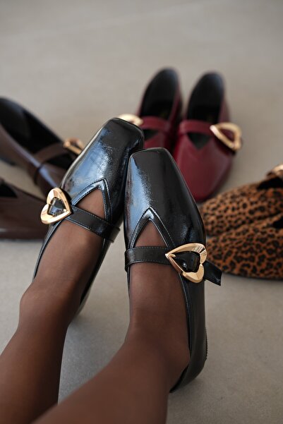 selin shoes Balerini de damă Ambrin Gold cu cataramă în formă de inimă și vâr...