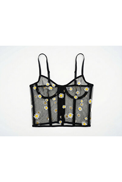 Ponpon Collection Papatya Nakışlı Balenli Siyah Tül Bralet