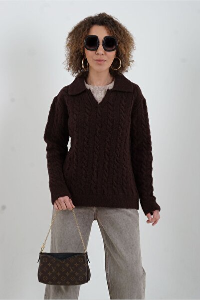 Zelish My Sister Brown Polo Collar Braided Hair Sweater