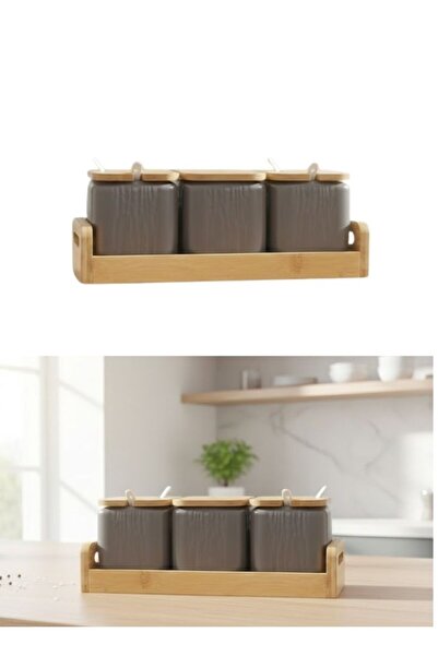 Premium Grey Ceramic Condiment Jars with Bamboo Tray 3 pcs Set