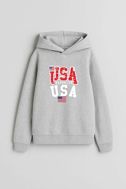 AYDESİGN American Flag Printed Gray Hooded Sweatshirt Hoodie