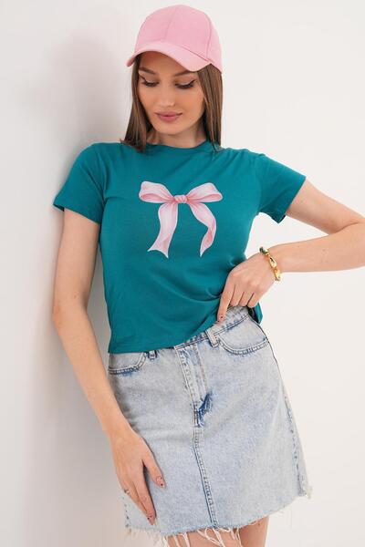 ŞİMAL تي شيرت نسائي بطباعة مفصلة وياقة دائرية - 260058